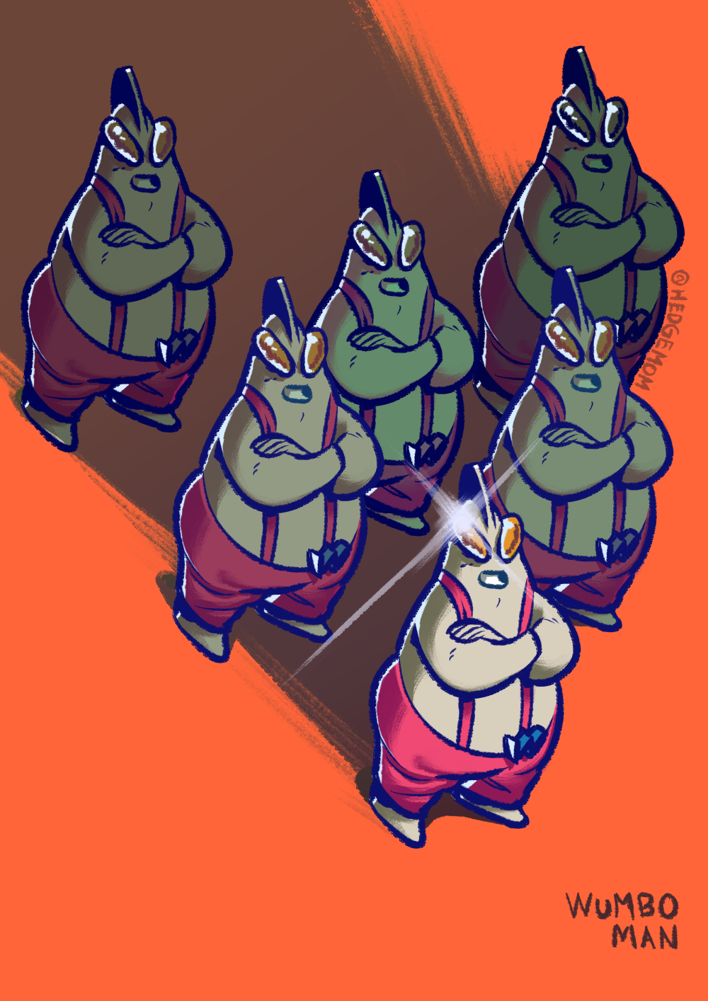 Drawing of Wumbo Man, an ultraman-like with the shape of patrick from Spongebob Squarepants, he is standing stoacly with his arms crossed, smiling with five copies all forming a triangle behind him