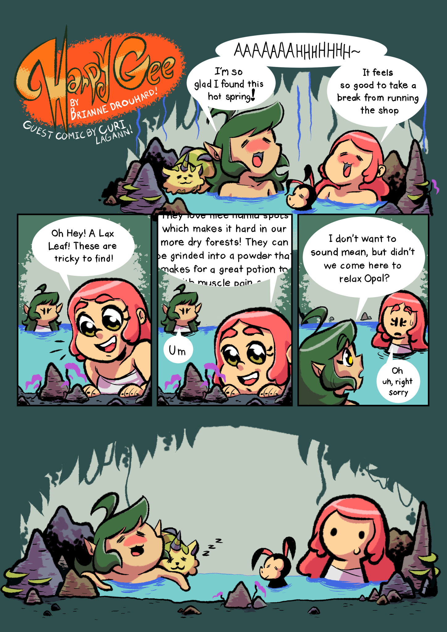 Comic page 1 where Harpy and Opal are relaxing in a hotspring, but opal finds a plant that would be good for her potions
