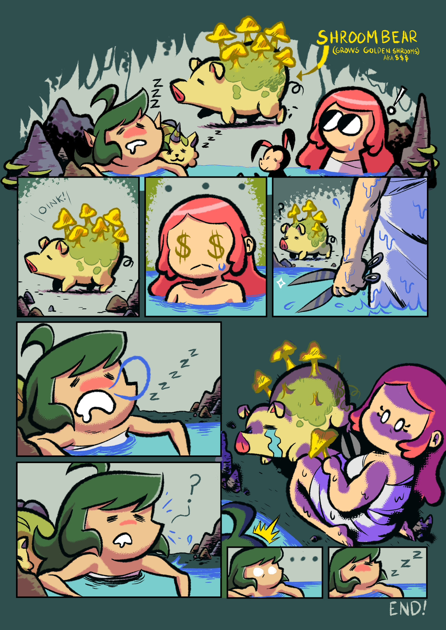 Comic page 2 where Opal finds a shroom pig and eventually succumbs to work brain