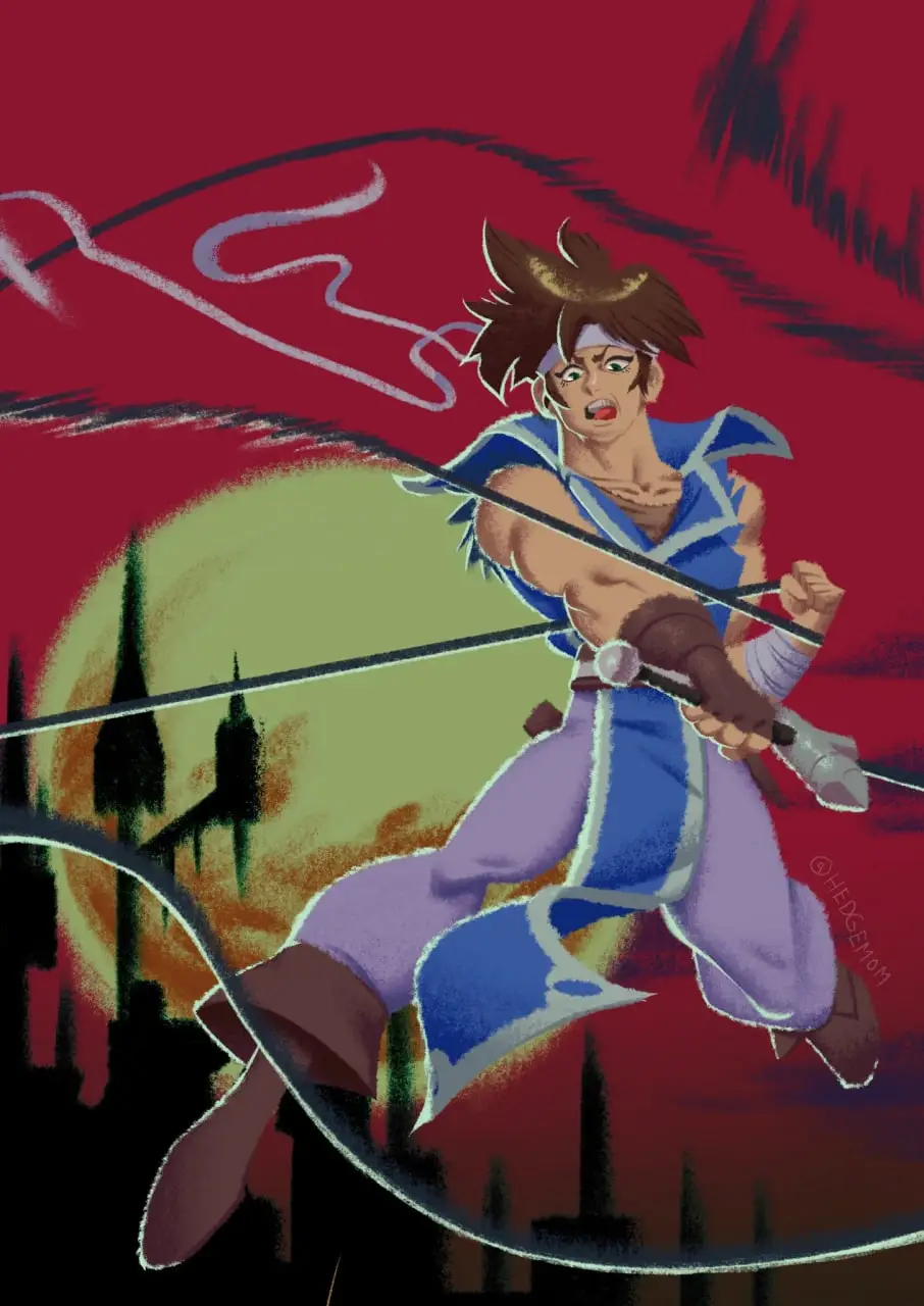 Richter Belmont of the CastleVania series using his whip as it flies around the screen with Dracula's castle in the background bathed in a full moon and blood sky