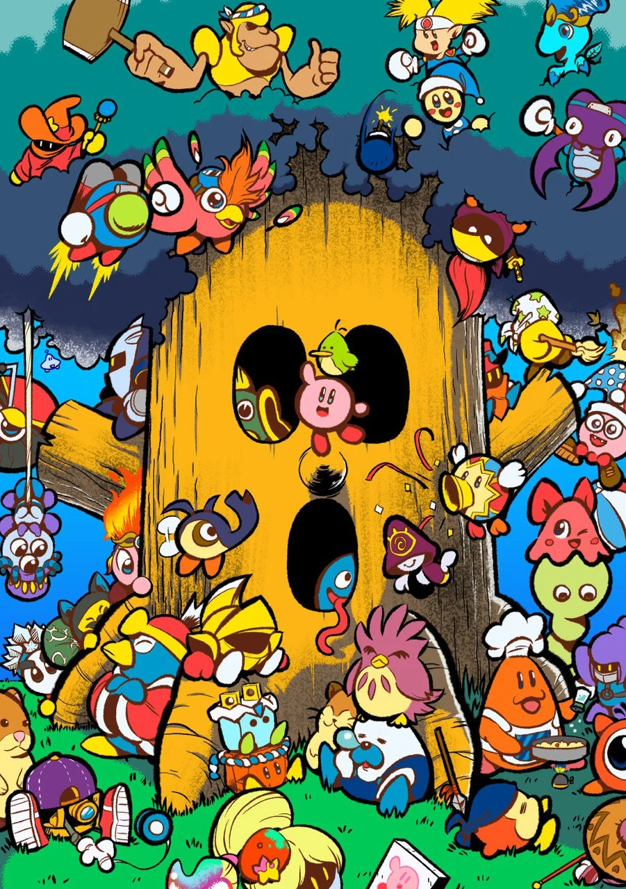 Kirby and dozens and dozens of enemies from their game series all relaxing on and around Whispy Woods