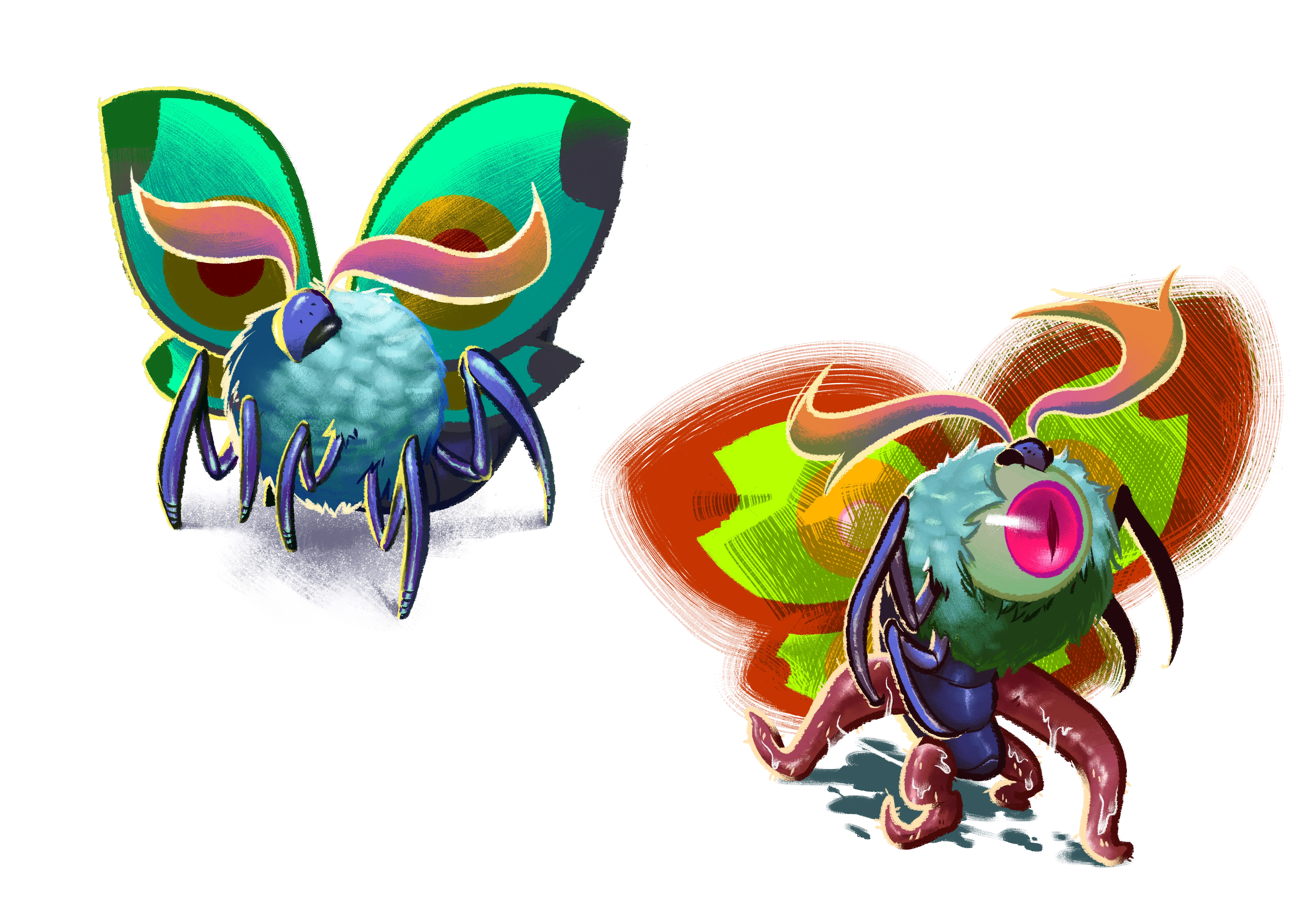 Two pictures of the Moth monster for the game Lore Finder, First it is a colorful moth, second is image it is growing slimy tendrils that it walks with, it's head rolled back to reveal one giant eyeball