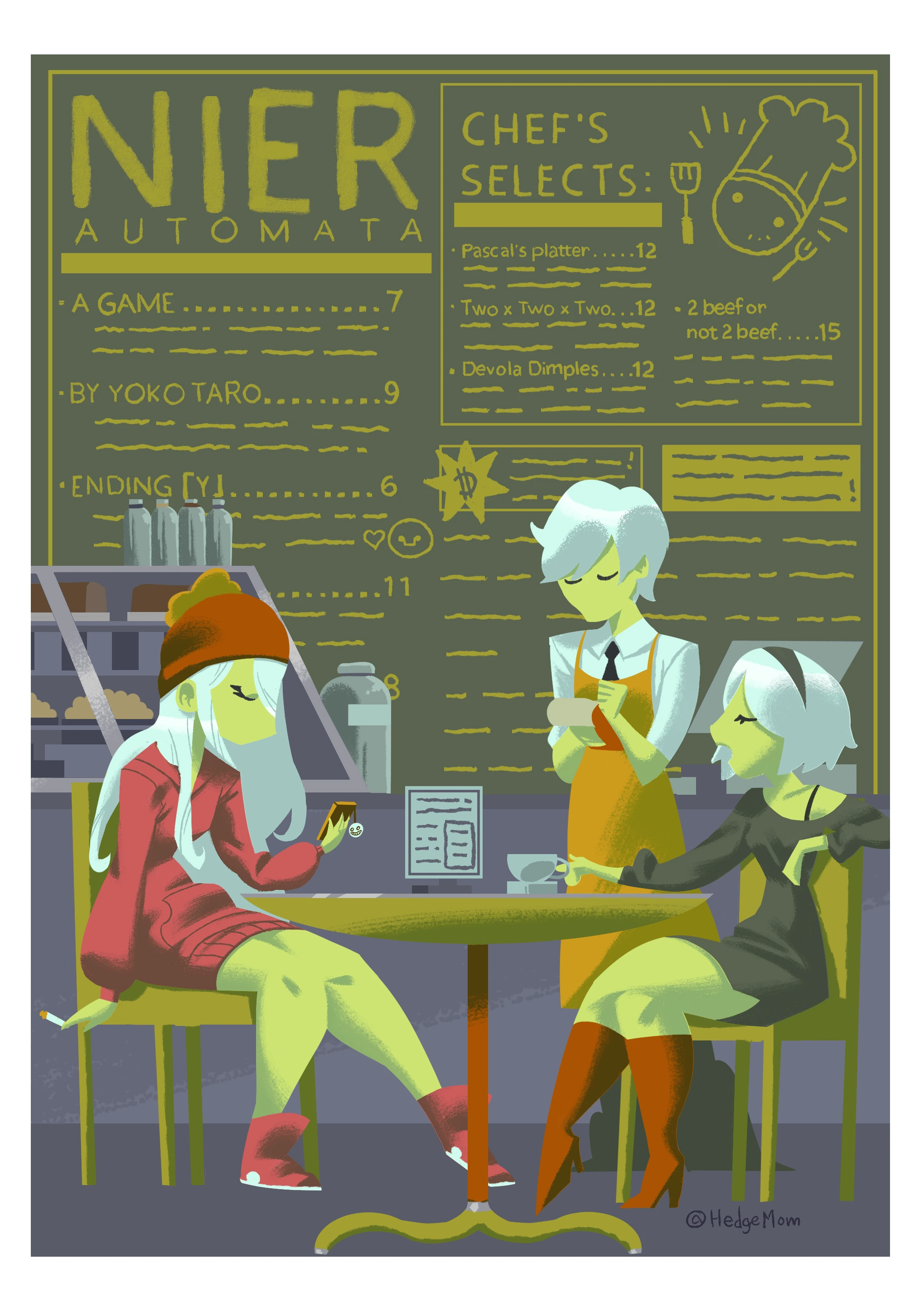 2B and A2 in a cafe with casual clothes on, being served by the waiter 9S, there is a giant menu behind them with references to various parts of Nier Automata