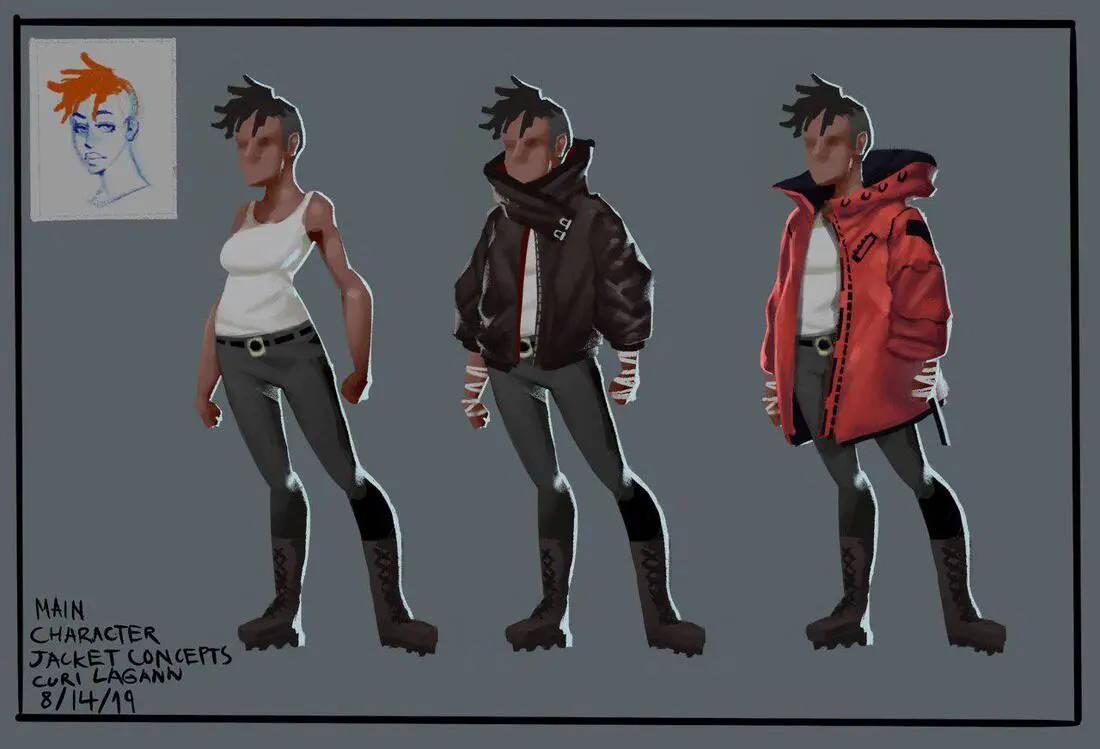 Concept art of different jacket designs for a character in a game