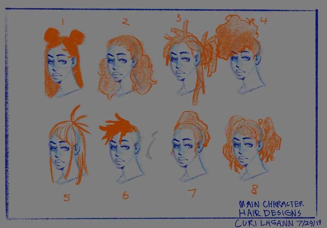 Concept art for the main character of a game, various options for her hair