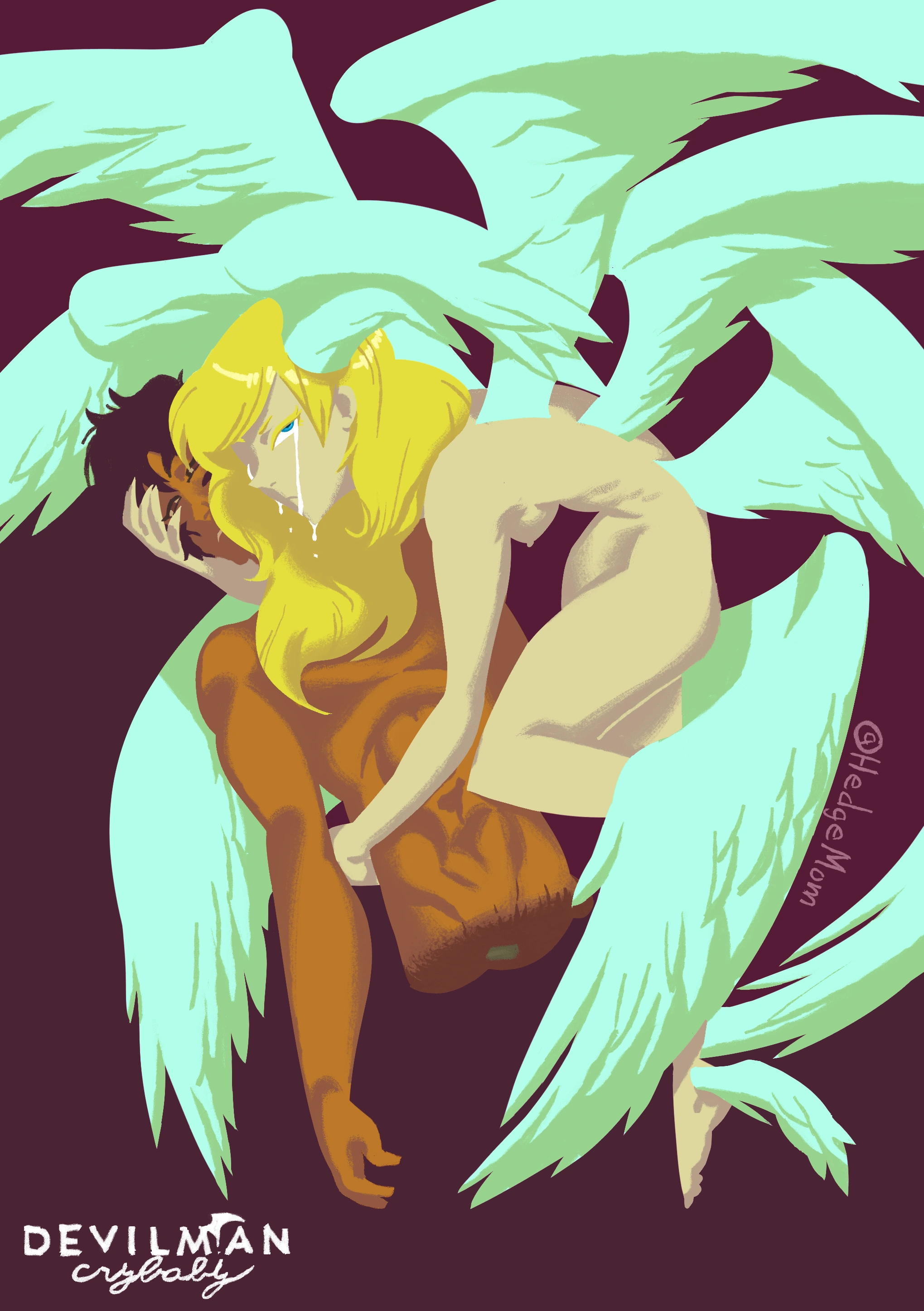 Satan from DevilMan Crybaby holding the top of Devilman's torso as she stares angrily at the viewer with tears coming down her cheeks