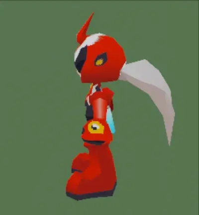 3D Model of femme Protoman from Mega Man Battle Network, a red sentai design with a round helmet and visor, plasma sword as right arm, rotating slowly