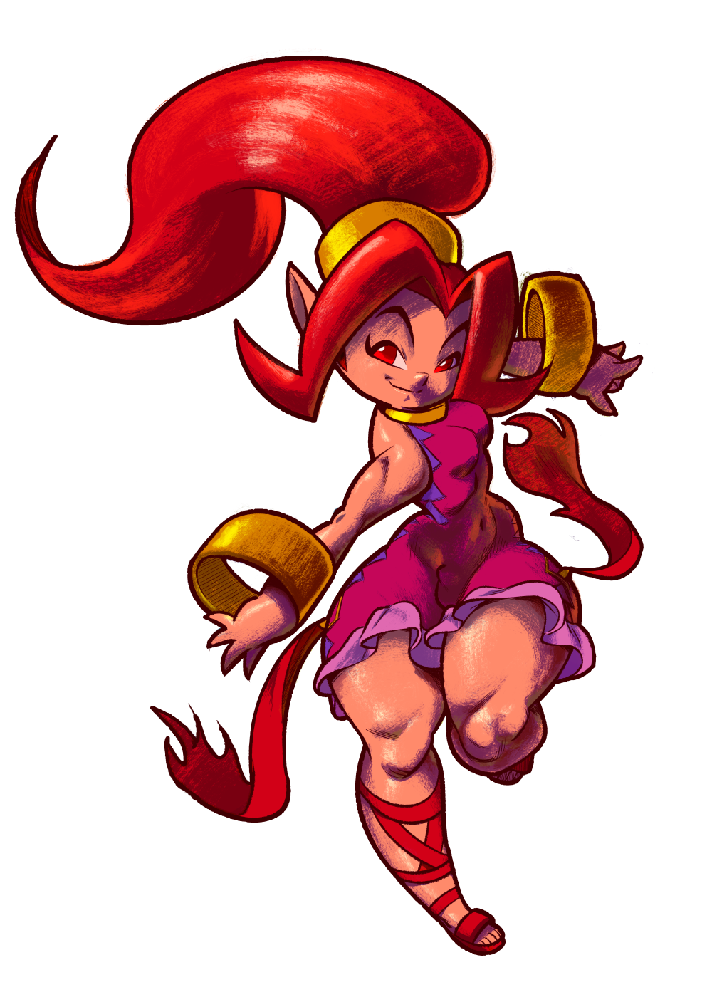 Din from Zelda: Oracle of Seasons, mid-dance with fiery hair spinning around her body as she grins