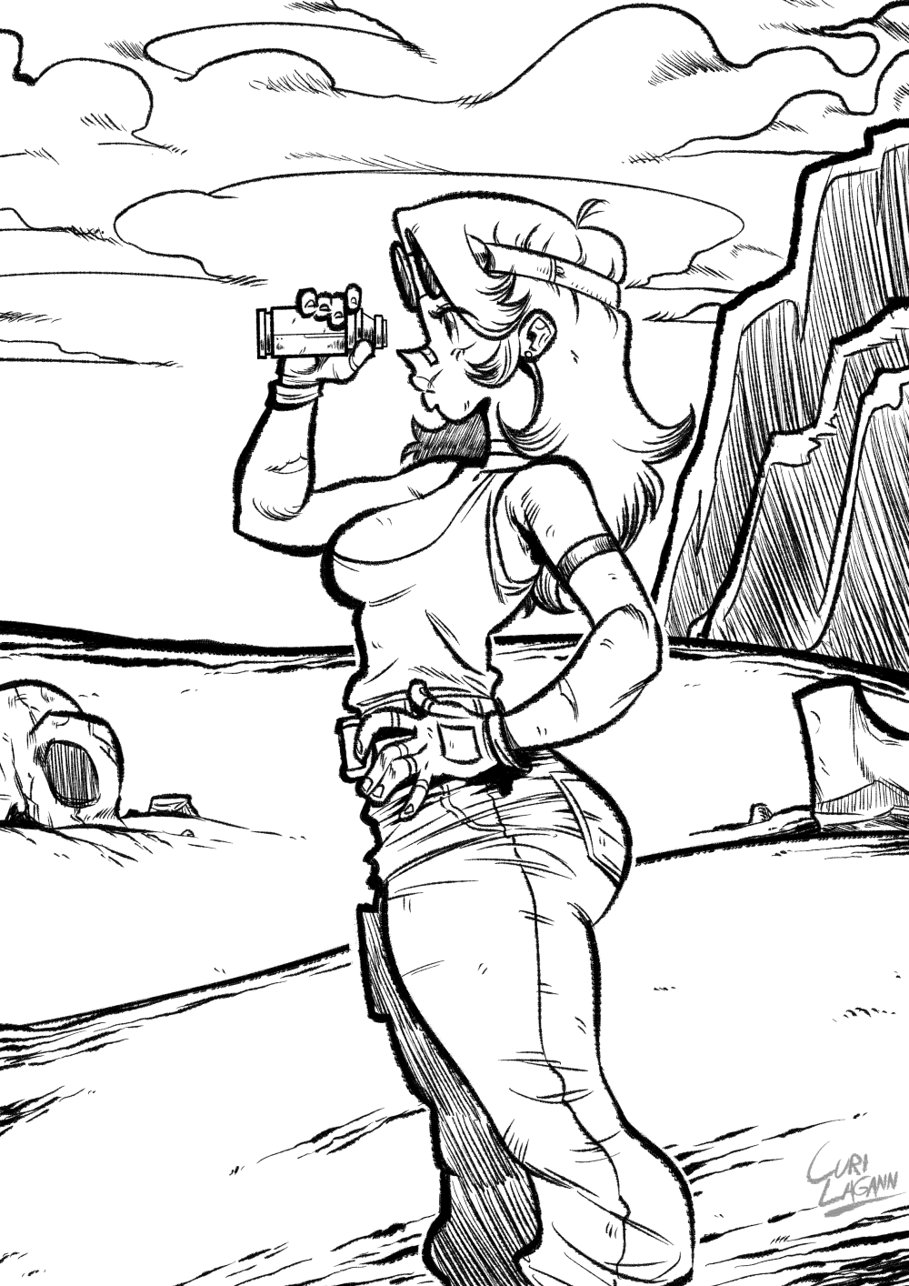 Girl in boots and jeans looking thru a telescope in the middle of the desert
