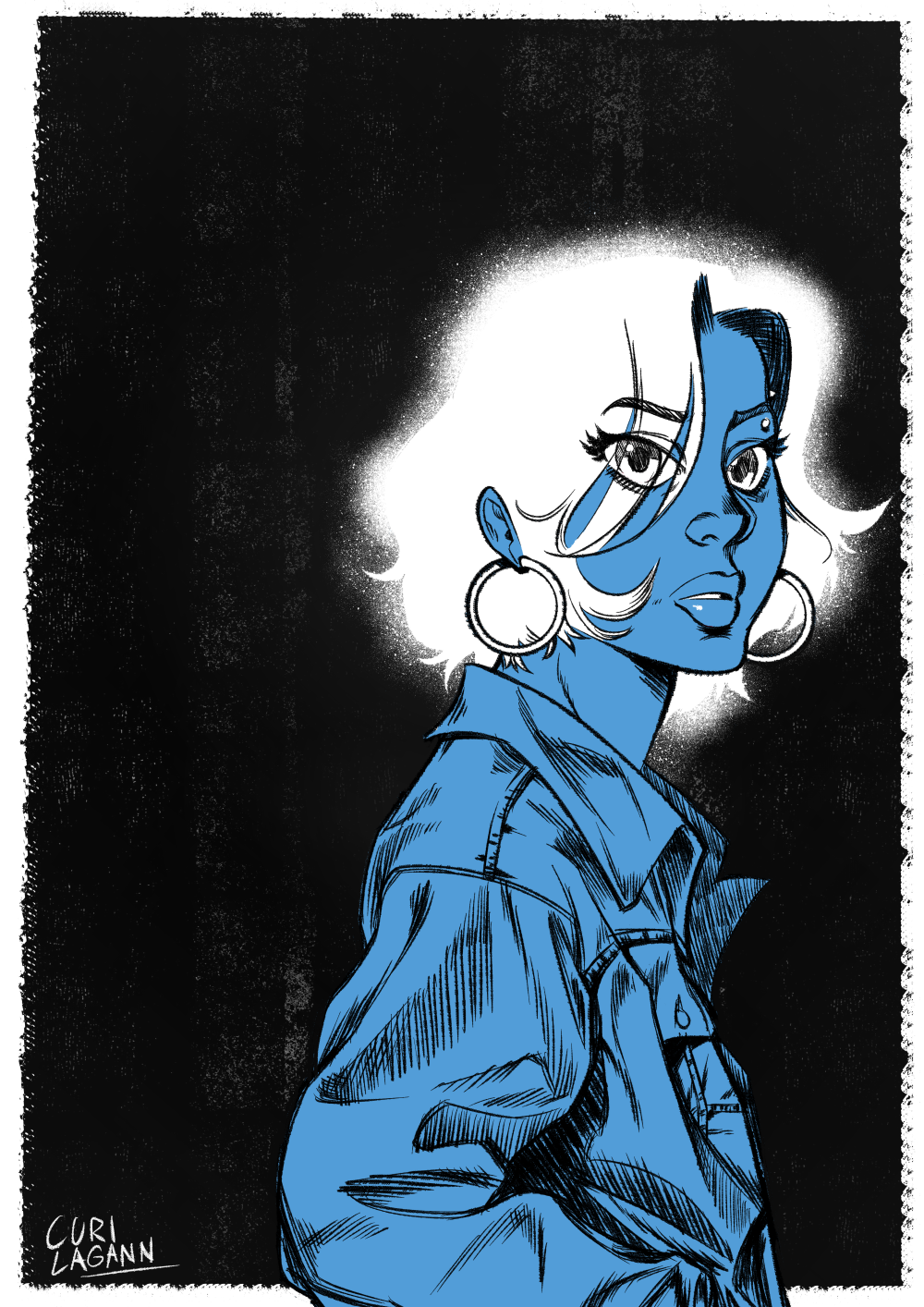 Girl in a heavy jacket looking at the screen, rendered scratchy and harsh with hair that looks like it was made from a stencil, all black background with the girl colored in blue