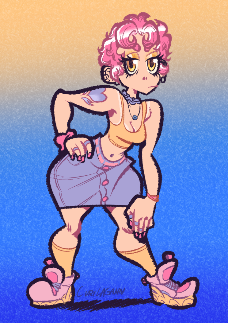 Girl in a small top and short skirt posing for the camera, all in a soft palette of pink, baby blue, and yellow