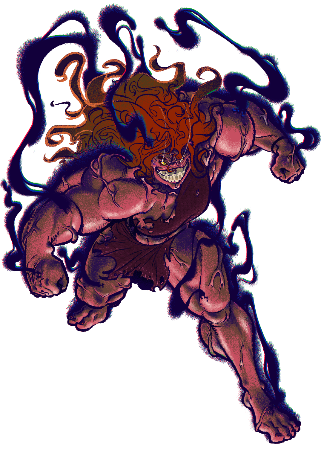 Main character of IKA in the Land of Meatmen, Ika, going feral, rendered in a painterly style with thick linework