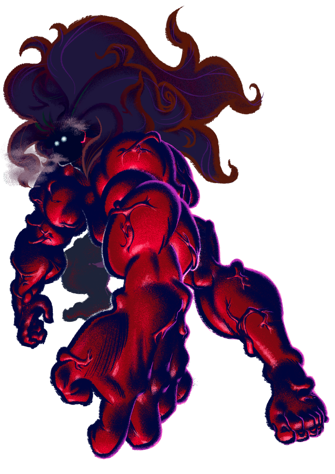 Main character of IKA in the Land of Meatmen, Ika, gone full bastard mode, rendered in a painterly style with thick linework